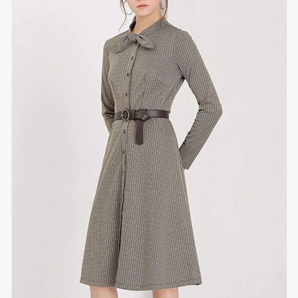 Allegra K Women's Tie Neck Button Up Work Office Plaid Houndstooth Midi Dress  - Picture 2 of 7